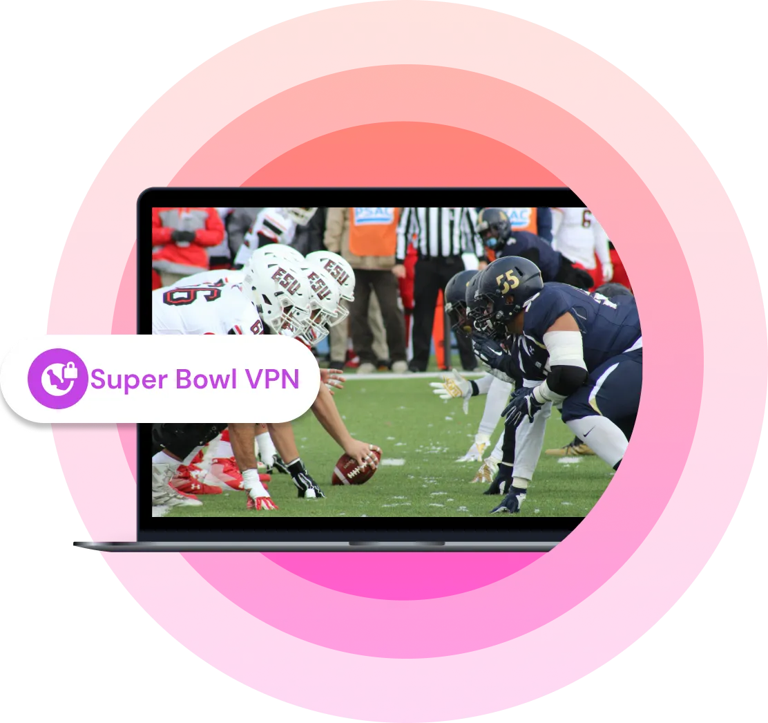 an image of a laptop with a football players and a label "super bowl vpn".